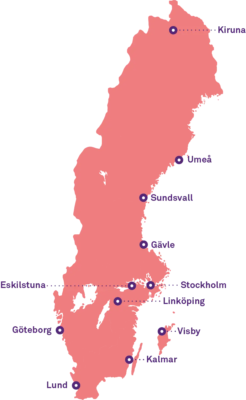 Sverigekarta med CSNs kontor utmarkerade, Kiruna, Umeå, Sundsvall, Gävle, Stockholm,Eskilstuna, Linköping, Visby, Kalmar, Göteborg, Lund